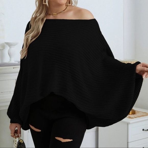 Black plus size dolman sleeve ribbed knit sweater - Picture 1 of 16
